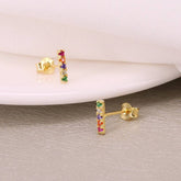 Pair Of 925 Sterling Silver Gold PVD Multi-Colour CZ Line Minimal Stud Earrings